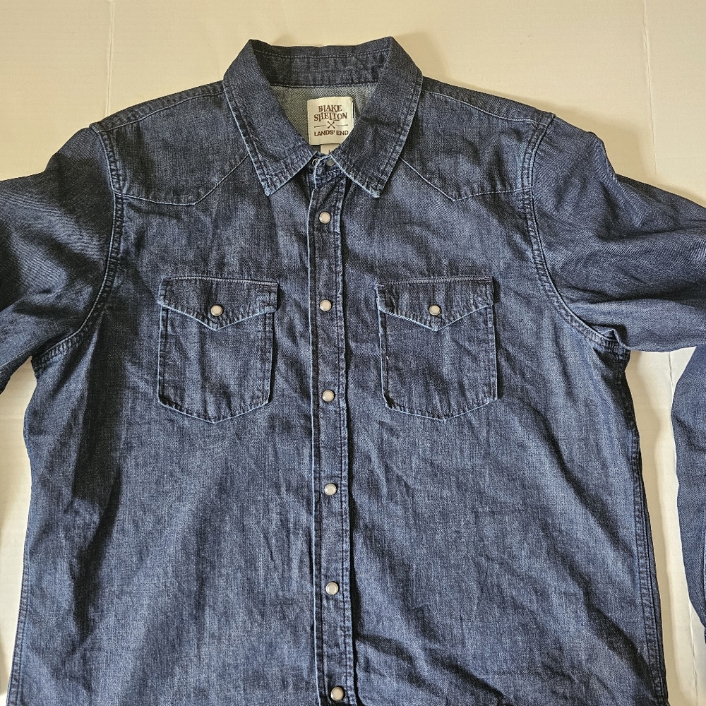 Lands End Blake Shelton Denim Jean Shirt Size L Pearl Snap Front Mens Blue - Picture 3 of 14